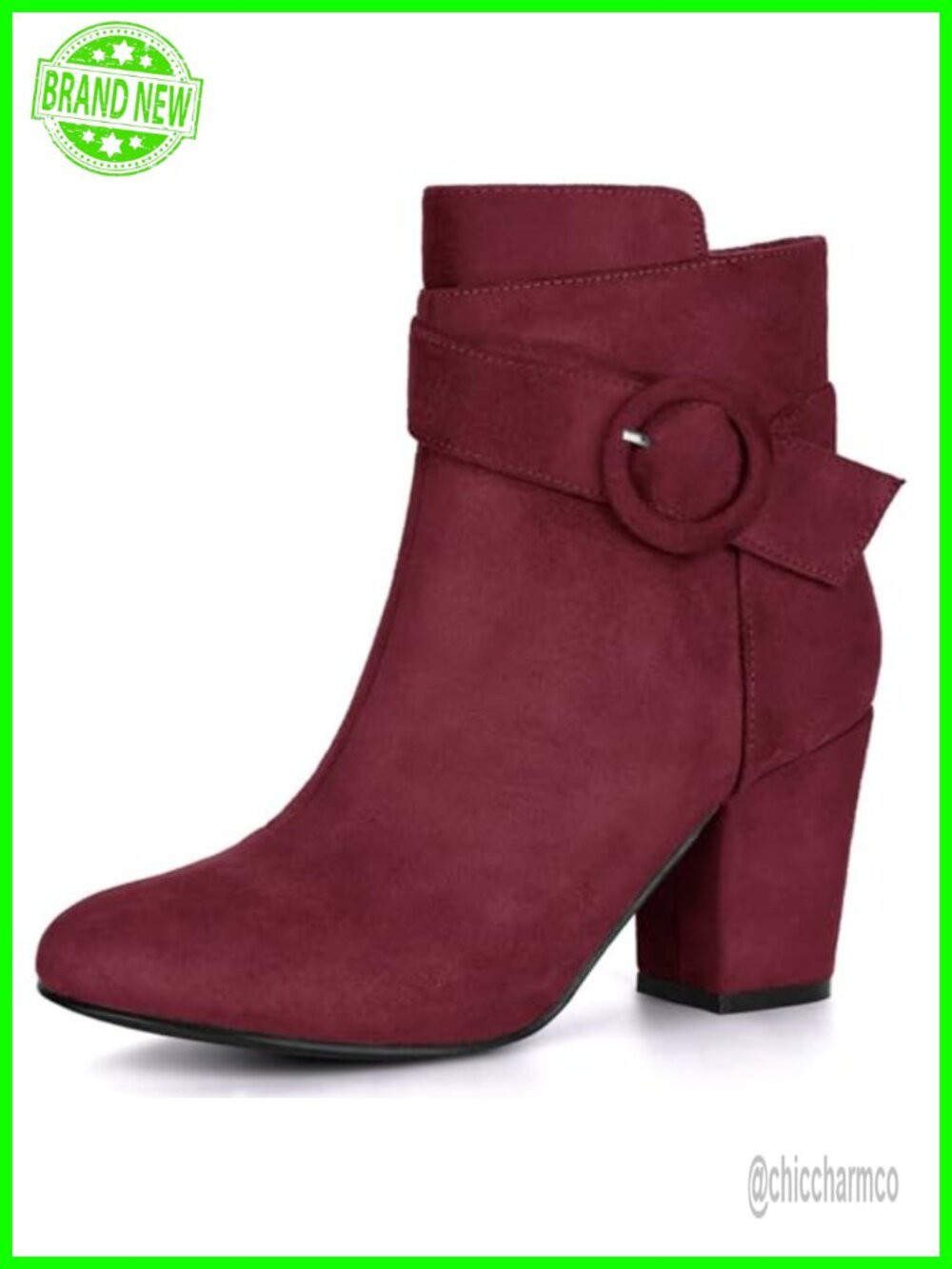 Faux Suede Round Toe Side Zip Buckle Chunky Heel Ankle Boots